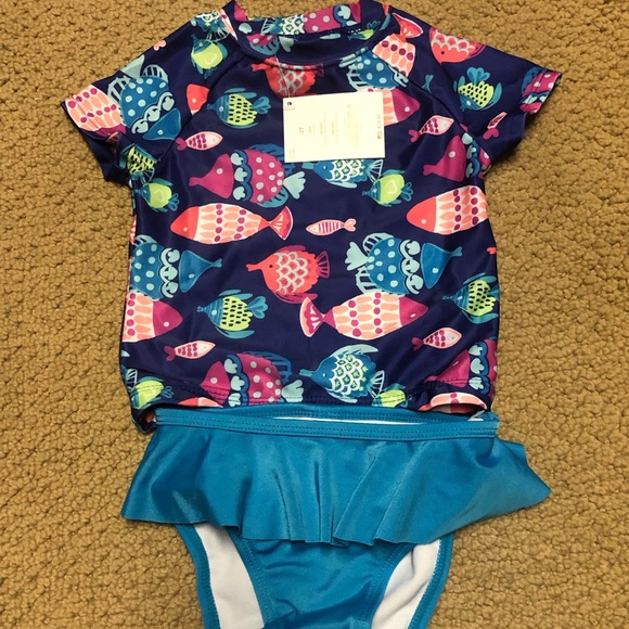 NWT Gymboree Toddler Girls Swimsuit Short Sleeve Rashguard Bikini Fish Size 2T